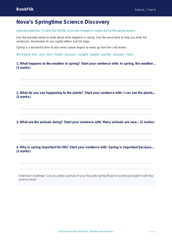 Free Spring Science Writing Frame | Year 4 Supported | BookFlik worksheet preview — Science Spring Science