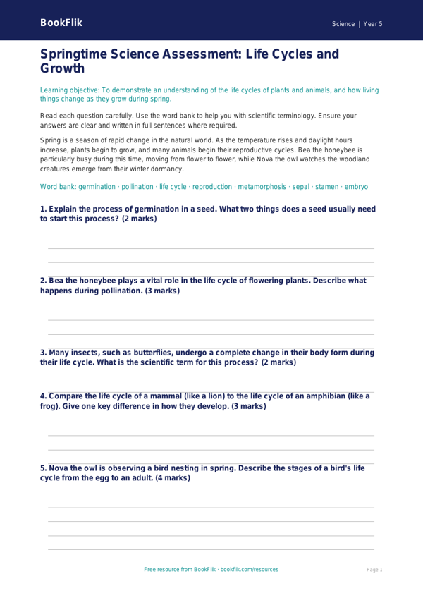 Free Spring Science Assessment | Year 5 Core | BookFlik worksheet preview — Science Spring Science
