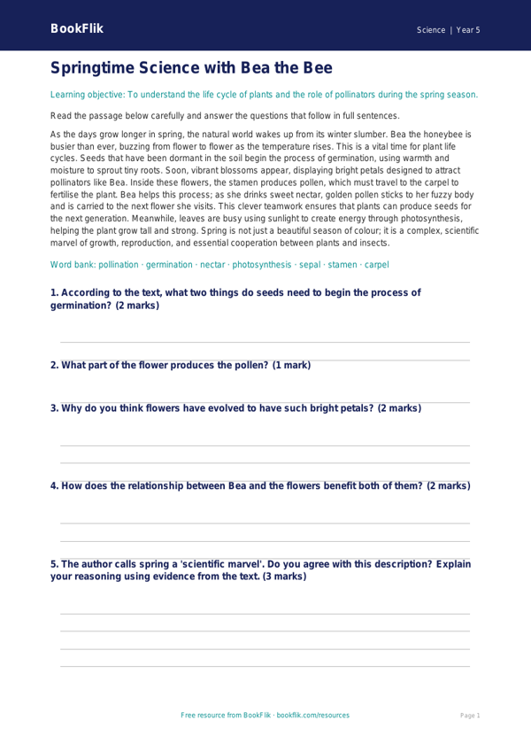 Free Spring Science Comprehension | Year 5 Core | BookFlik worksheet preview — Science Spring Science