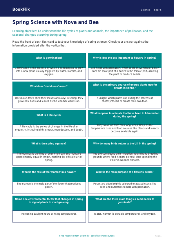 Free Spring Science Flashcards | Year 5 Core | BookFlik worksheet preview — Science Spring Science
