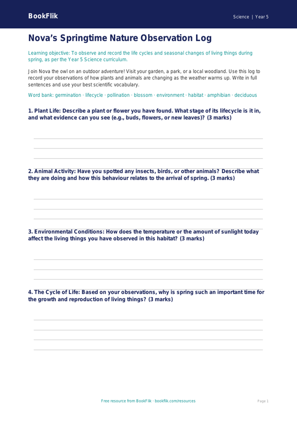 Free Spring Science Worksheet | Year 5 Core | BookFlik worksheet preview — Science Spring Science