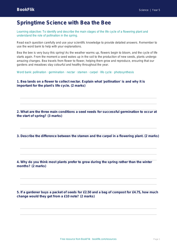 Free Spring Science Worksheet | Year 5 Core | BookFlik worksheet preview — Science Spring Science