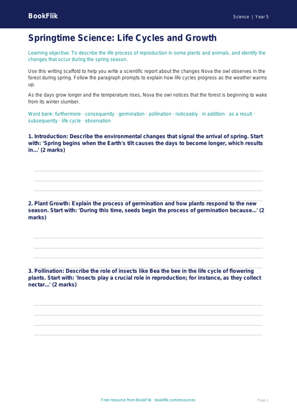 Free Spring Science Writing Frame | Year 5 Core | BookFlik worksheet preview — Science Spring Science