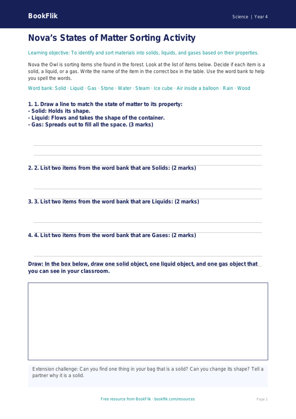Free States Of Matter Activity Sheet | Year 4 Supported | BookFlik worksheet preview — Science States Of Matter