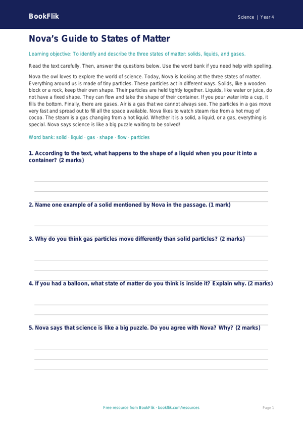 Free States Of Matter Comprehension | Year 4 Supported | BookFlik worksheet preview — Science States Of Matter