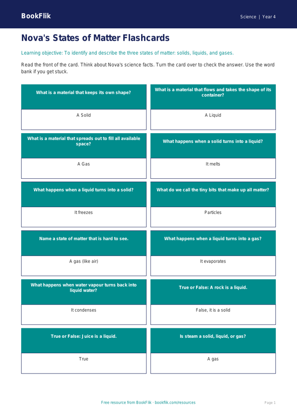 Free States Of Matter Flashcards | Year 4 Supported | BookFlik worksheet preview — Science States Of Matter