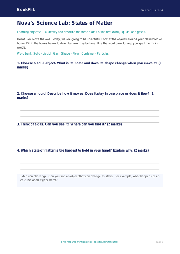 Free States Of Matter Template | Year 4 Supported | BookFlik worksheet preview — Science States Of Matter