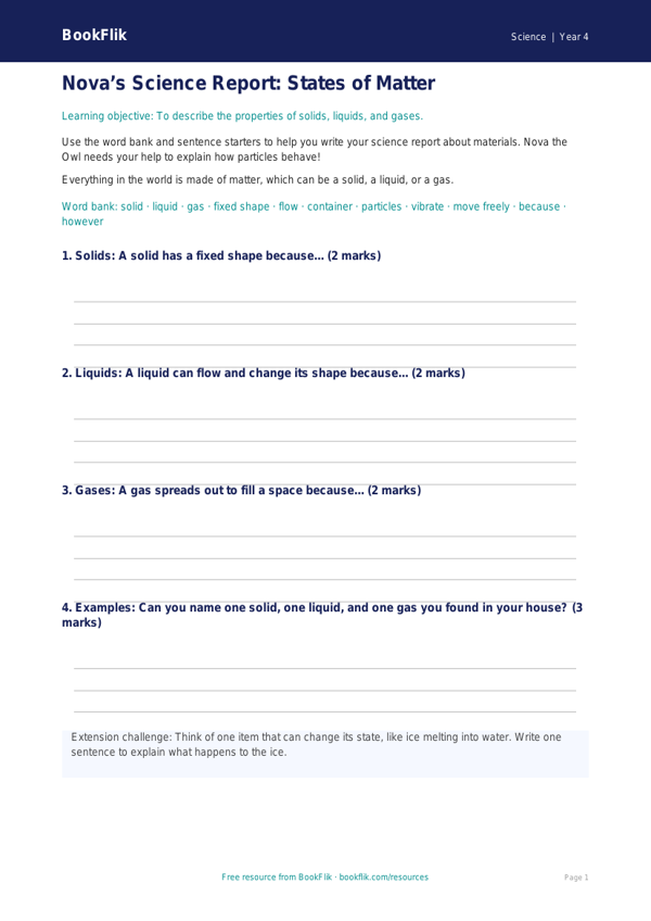 Free States Of Matter Writing Frame | Year 4 Supported | BookFlik worksheet preview — Science States Of Matter