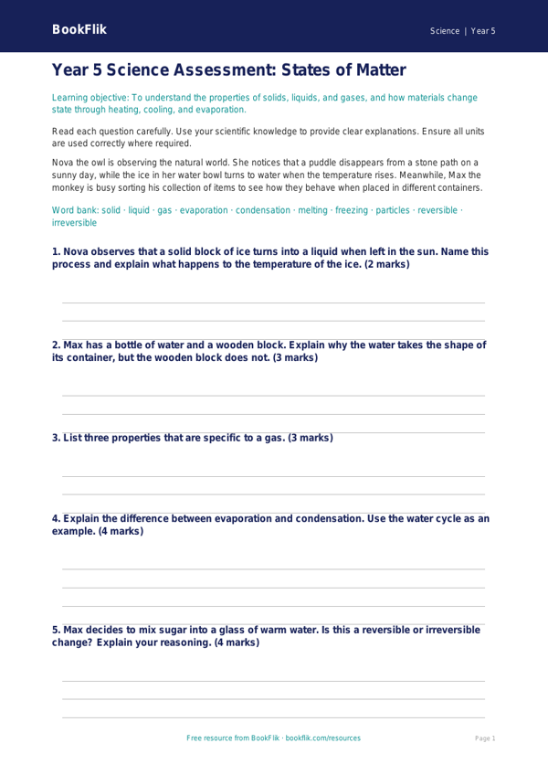 Free States Of Matter Assessment | Year 5 Core | BookFlik worksheet preview — Science States Of Matter