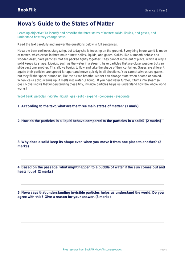 Free States Of Matter Comprehension | Year 5 Core | BookFlik worksheet preview — Science States Of Matter
