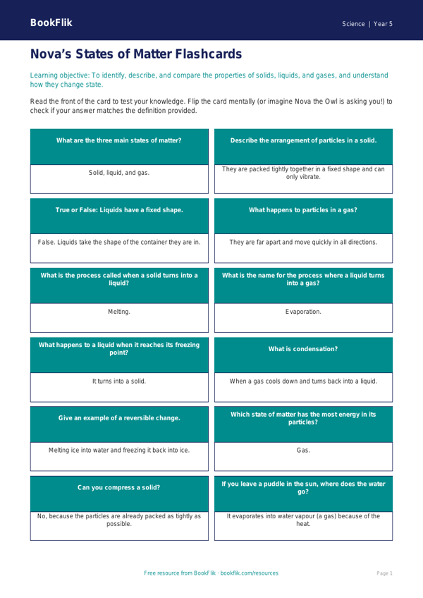 Free States Of Matter Flashcards | Year 5 Core | BookFlik worksheet preview — Science States Of Matter
