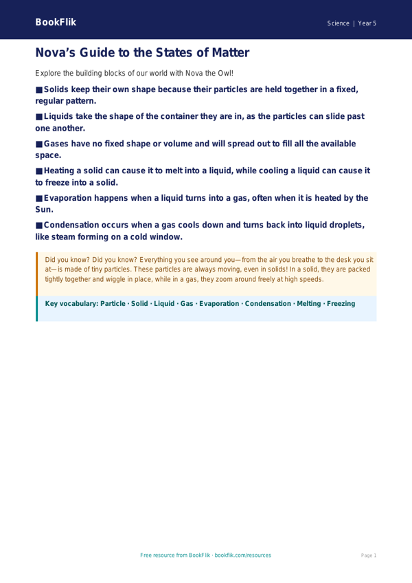 Free States Of Matter Poster | Year 5 Core | BookFlik worksheet preview — Science States Of Matter