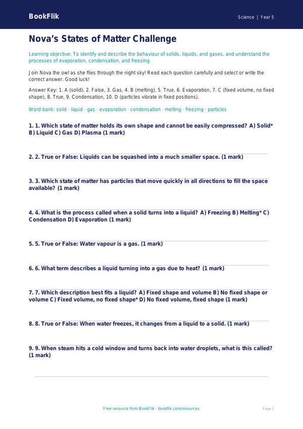 Free States Of Matter Quiz | Year 5 Core | BookFlik worksheet preview — Science States Of Matter