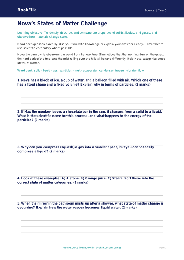 Free States Of Matter Worksheet | Year 5 Science | BookFlik worksheet preview — Science States Of Matter