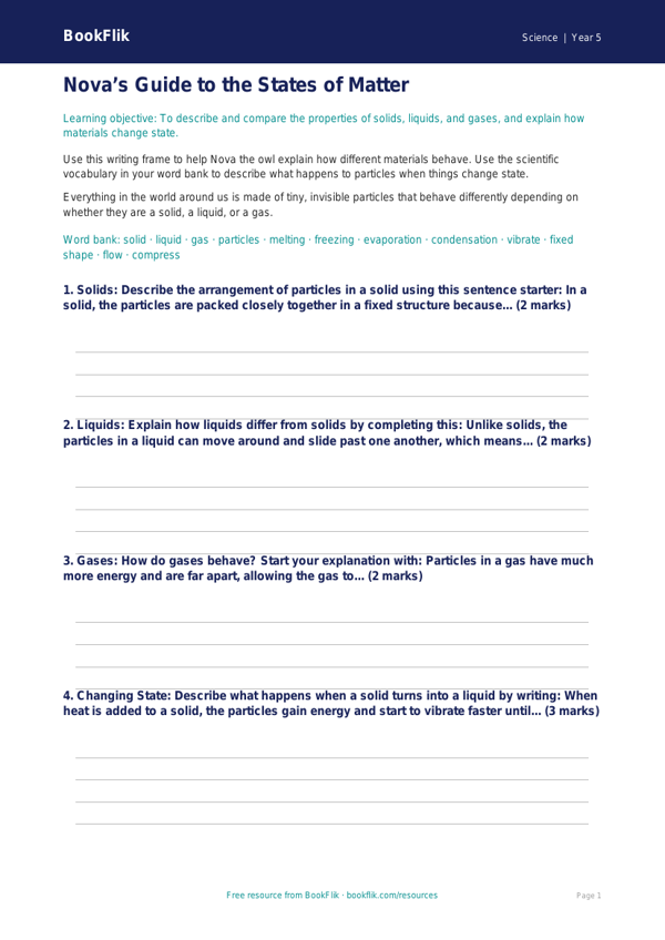 Free States Of Matter Writing Frame | Year 5 Core | BookFlik worksheet preview — Science States Of Matter