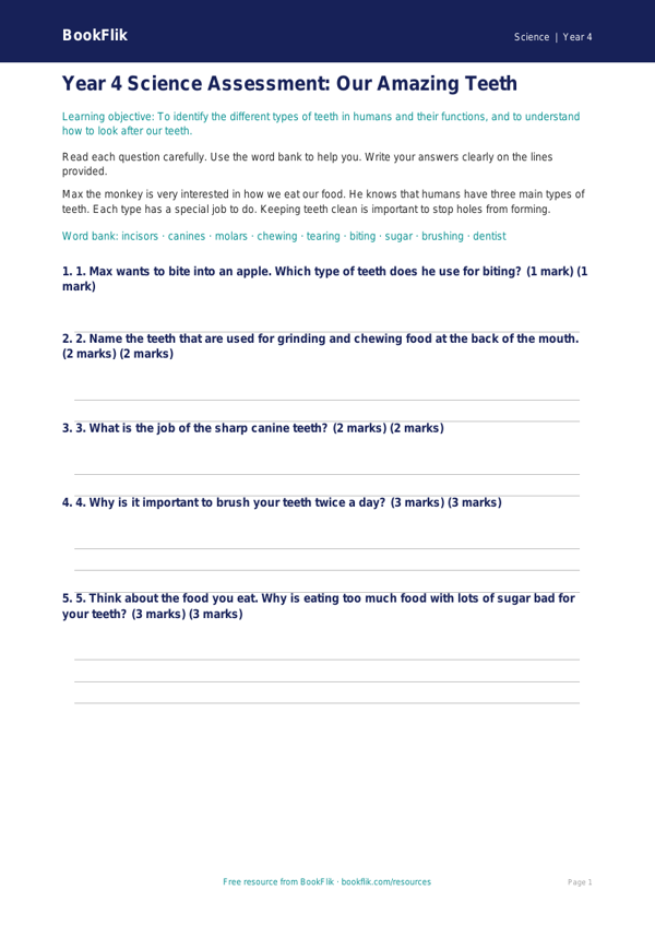 Free Teeth Assessment | Year 4 Supported | BookFlik worksheet preview — Science Teeth
