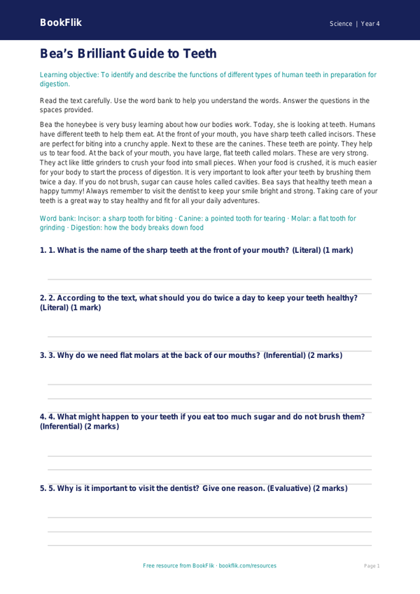 Free Teeth Comprehension | Year 4 Supported | BookFlik worksheet preview — Science Teeth