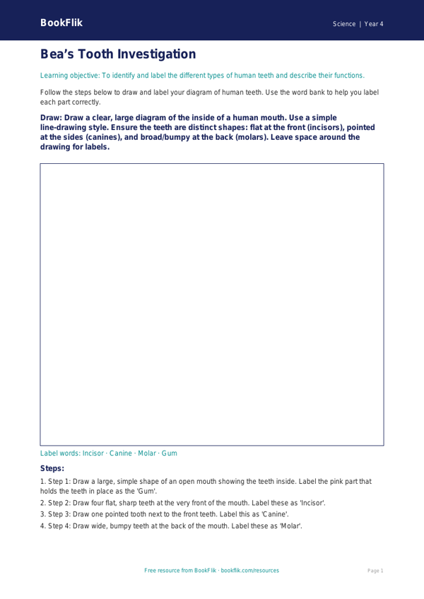 Free Teeth Drawing Sheet | Year 4 Supported | BookFlik worksheet preview — Science Teeth