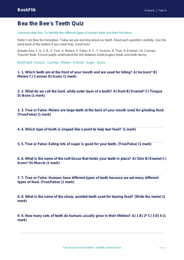 Free Teeth Quiz | Year 4 Supported | BookFlik worksheet preview — Science Teeth