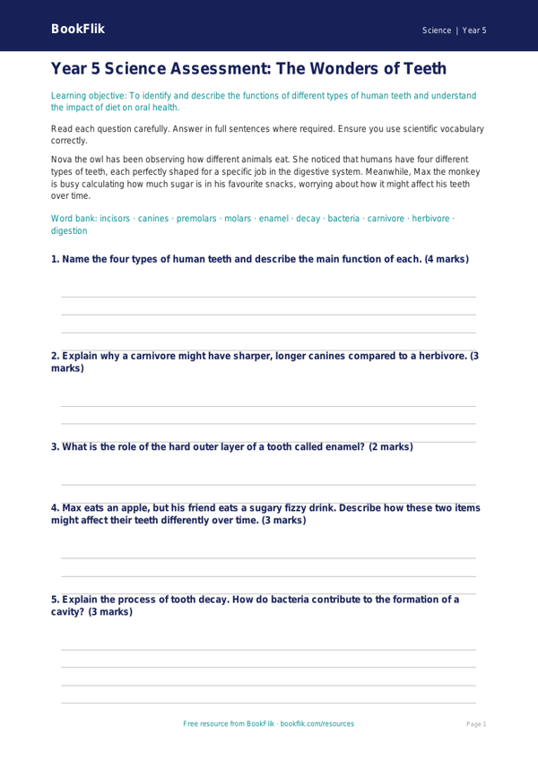 Free Teeth Assessment | Year 5 Core | BookFlik worksheet preview — Science Teeth