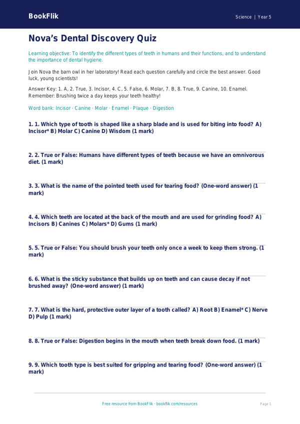 Free Teeth Quiz | Year 5 Core | BookFlik worksheet preview — Science Teeth