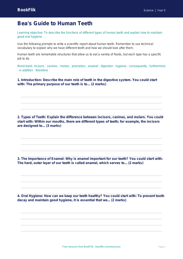 Free Teeth Writing Frame | Year 5 Core | BookFlik worksheet preview — Science Teeth