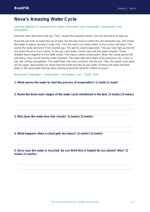 Free Water Cycle Comprehension | Year 4 Supported | BookFlik worksheet preview — Science Water Cycle