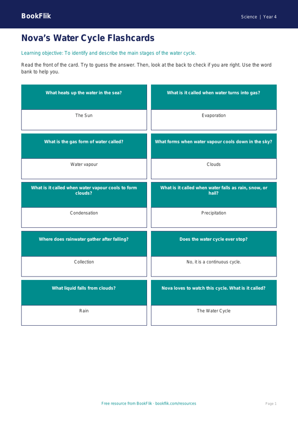 Free Water Cycle Flashcards | Year 4 Supported | BookFlik worksheet preview — Science Water Cycle