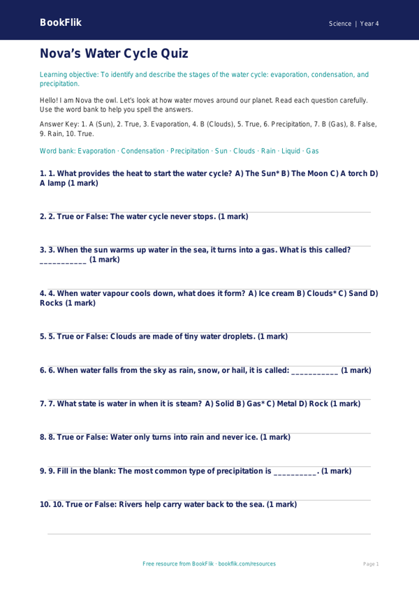 Free Water Cycle Quiz | Year 4 Supported | BookFlik worksheet preview — Science Water Cycle