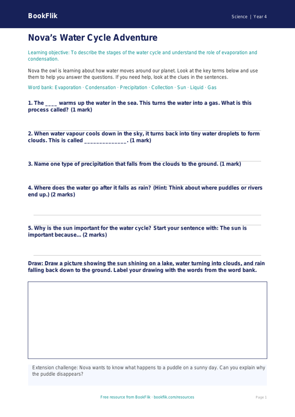 Free Water Cycle Worksheet | Year 4 Supported | BookFlik worksheet preview — Science Water Cycle