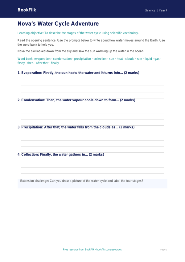 Free Water Cycle Writing Frame | Year 4 Supported | BookFlik worksheet preview — Science Water Cycle