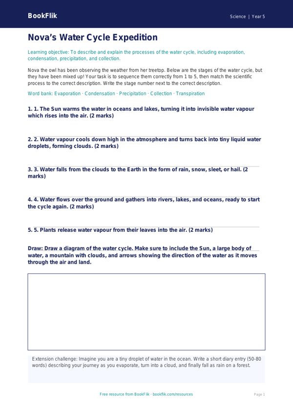 Free Water Cycle Activity Sheet | Year 5 Core | BookFlik worksheet preview — Science Water Cycle