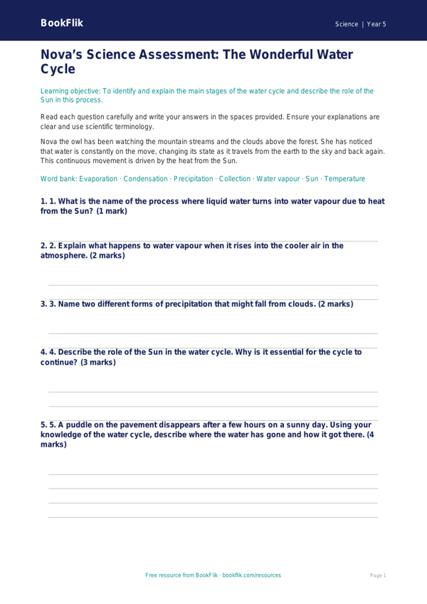 Free Water Cycle Assessment | Year 5 Core | BookFlik worksheet preview — Science Water Cycle