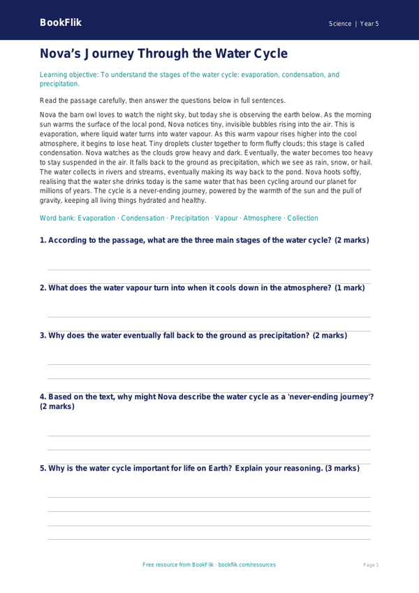 Free Water Cycle Comprehension | Year 5 Core | BookFlik worksheet preview — Science Water Cycle