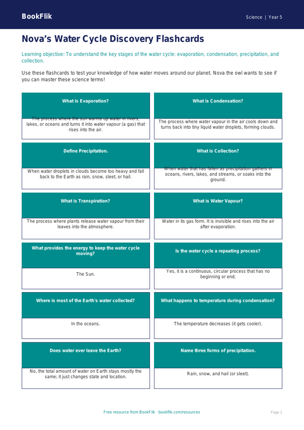Free Water Cycle Flashcards | Year 5 Core | BookFlik worksheet preview — Science Water Cycle