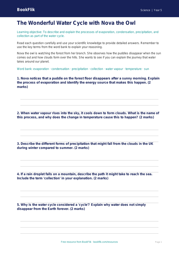 Free Water Cycle Worksheet | Year 5 Science | BookFlik worksheet preview — Science Water Cycle