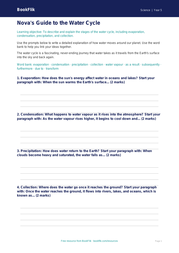 Free Water Cycle Writing Frame | Year 5 Core | BookFlik worksheet preview — Science Water Cycle