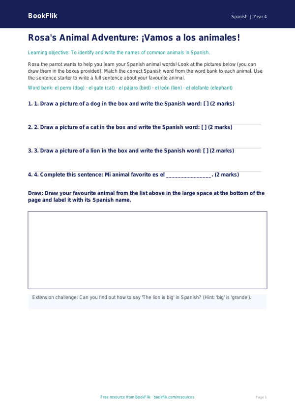 Free Animals Activity Sheet | Year 4 Supported | BookFlik worksheet preview — Spanish Animals