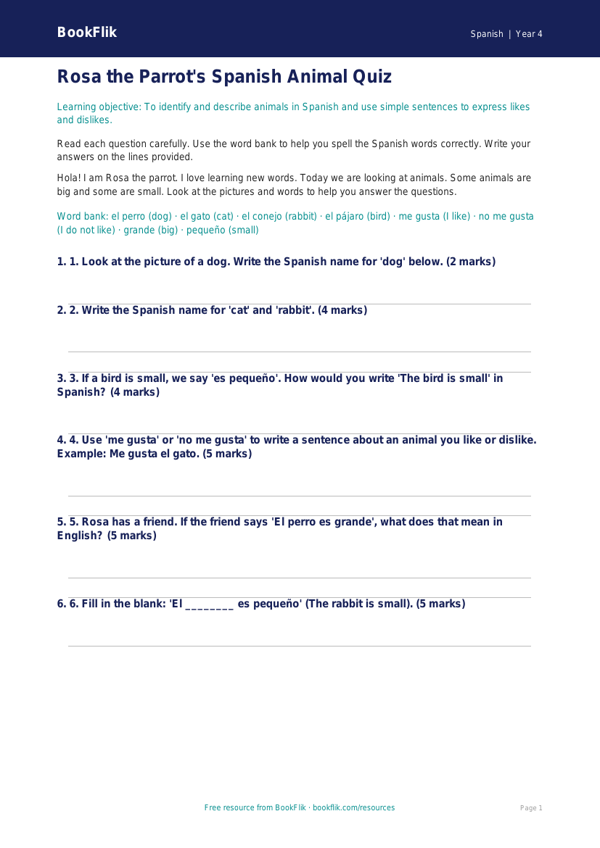 Free Animals Assessment | Year 4 Supported | BookFlik worksheet preview — Spanish Animals