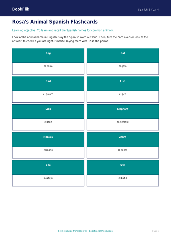 Free Animals Flashcards | Year 4 Supported | BookFlik worksheet preview — Spanish Animals