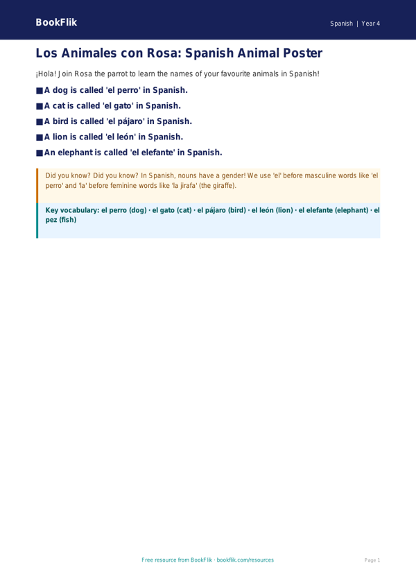 Free Animals Poster | Year 4 Supported | BookFlik worksheet preview — Spanish Animals