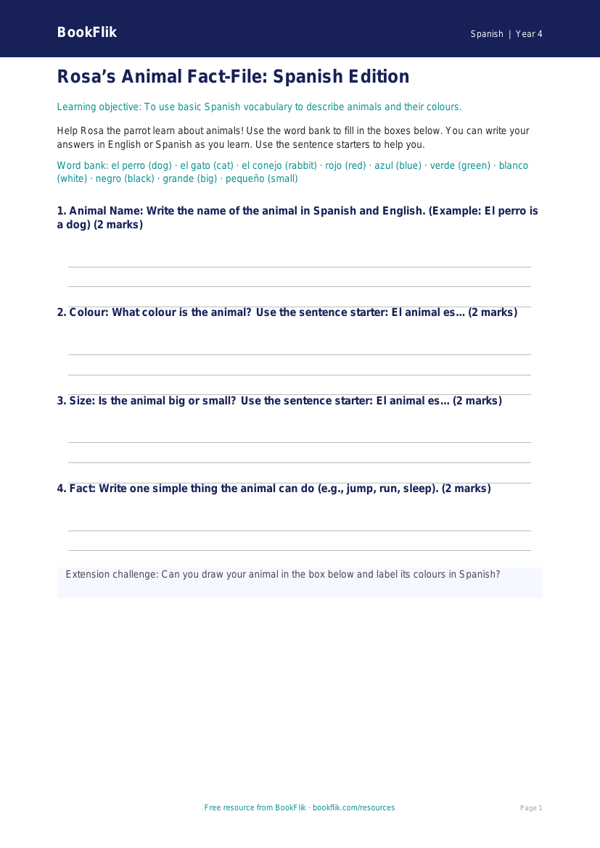 Free Animals Worksheet | Year 4 Science Template | BookFlik worksheet preview — Spanish Animals