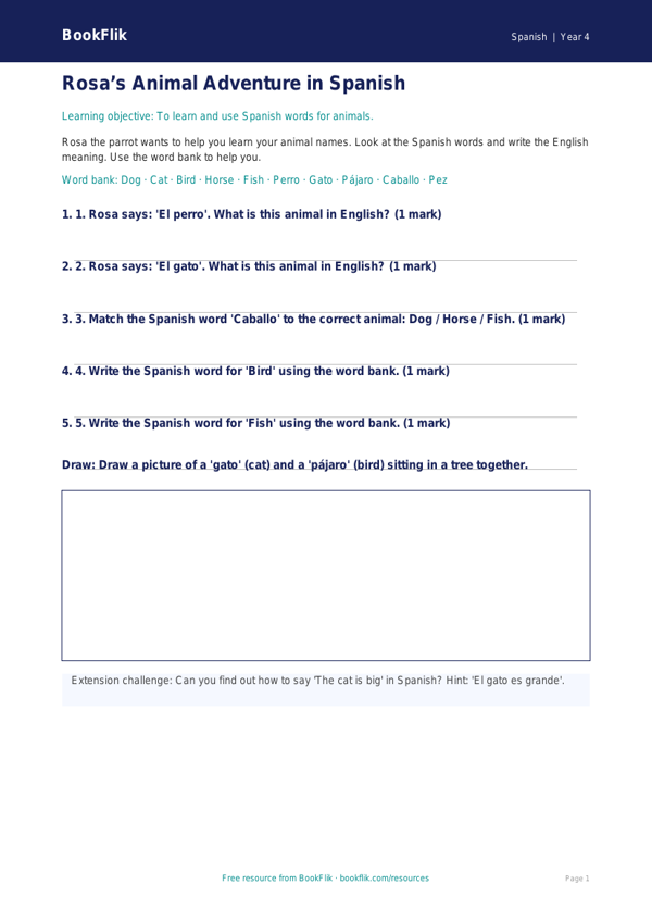 Free Animals Worksheet | Year 4 Supported | BookFlik worksheet preview — Spanish Animals