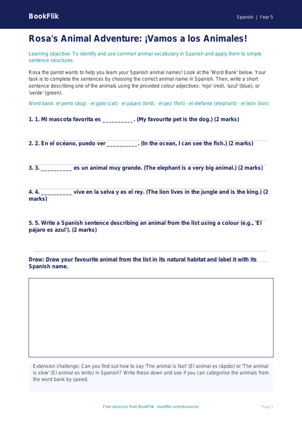 Free Animals Activity Sheet | Year 5 Core | BookFlik worksheet preview — Spanish Animals
