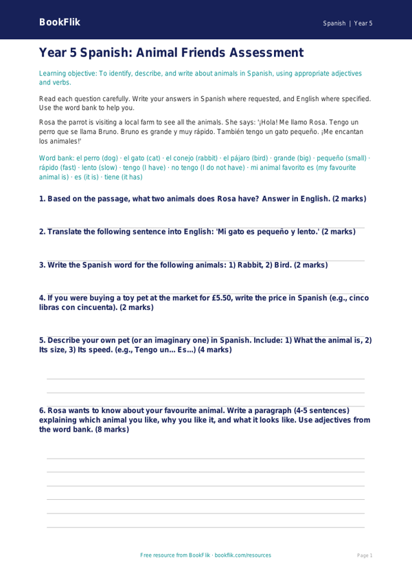 Free Animals Assessment | Year 5 Core | BookFlik worksheet preview — Spanish Animals