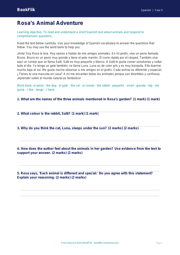 Free Animals Comprehension | Year 5 Core | BookFlik worksheet preview — Spanish Animals