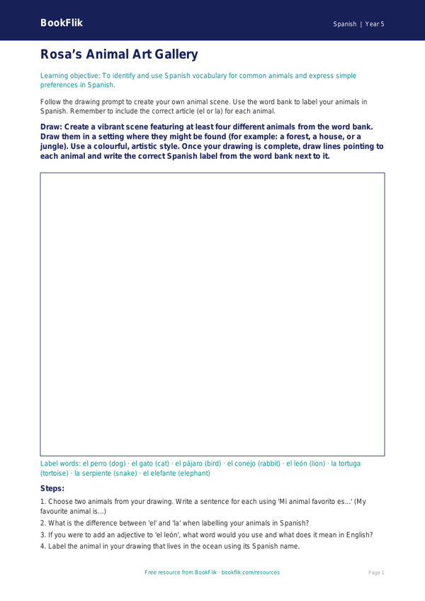 Free Animals Drawing Sheet | Year 5 Core | BookFlik worksheet preview — Spanish Animals