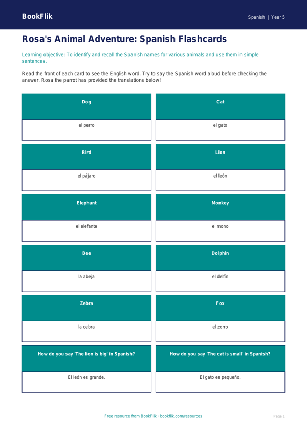 Free Animals Flashcards | Year 5 Core | BookFlik worksheet preview — Spanish Animals