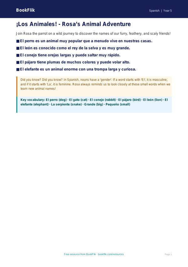 Free Animals Poster | Year 5 Core | BookFlik worksheet preview — Spanish Animals