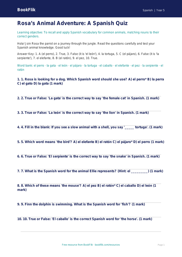 Free Animals Quiz | Year 5 Core | BookFlik worksheet preview — Spanish Animals